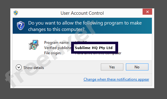 Screenshot where Sublime HQ Pty Ltd appears as the verified publisher in the UAC dialog